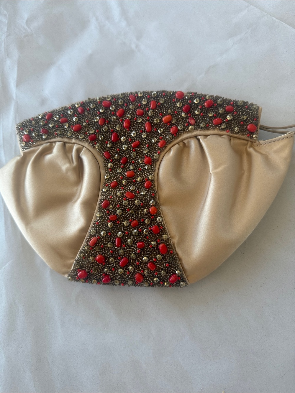 Oscar de la Renta Gold Satin Clutch with Red Bead Embellishment